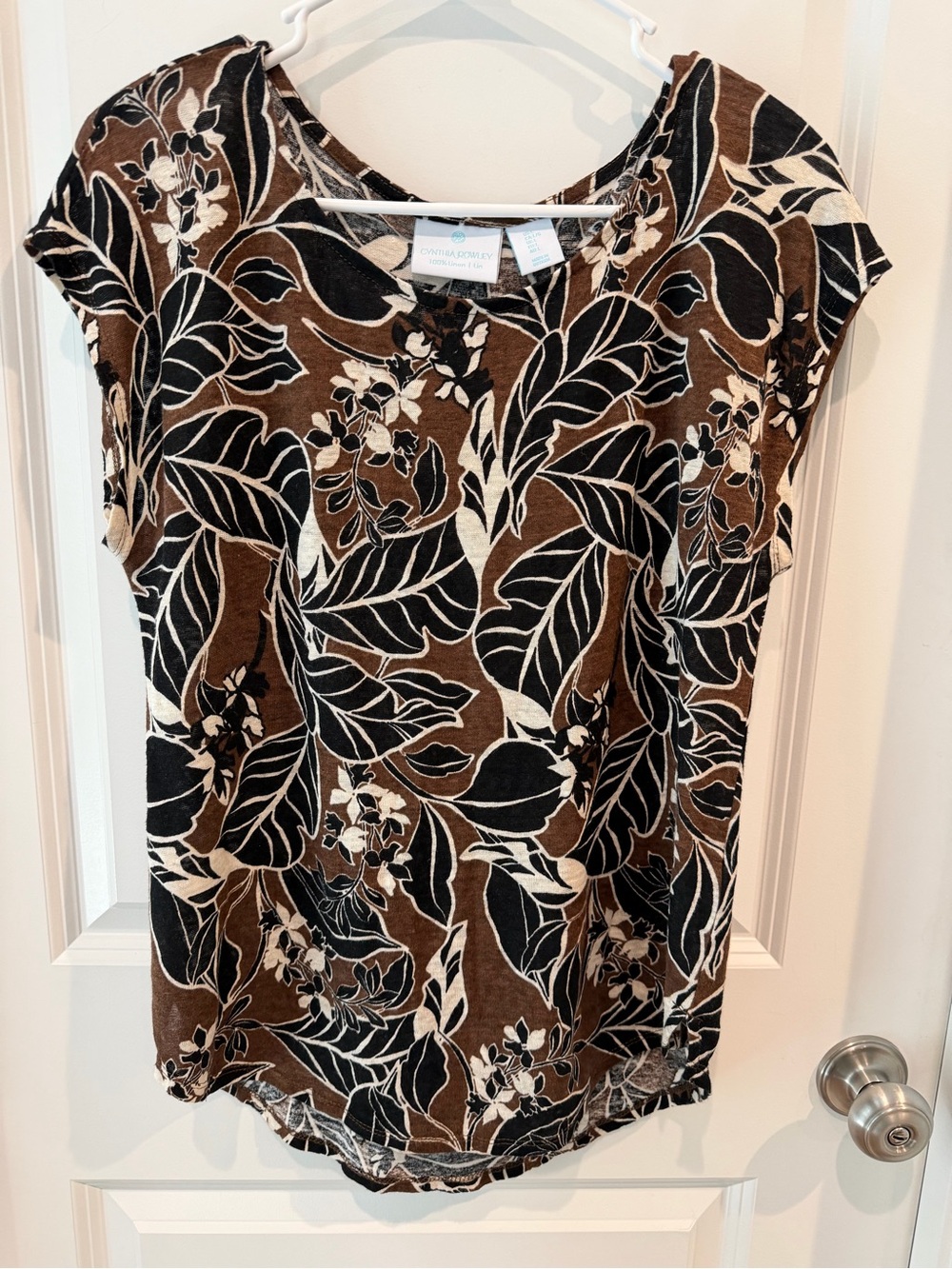 Cynthia Rowley Black Brown Cream Floral Cap-Sleeve Top 100% Linen Size Large